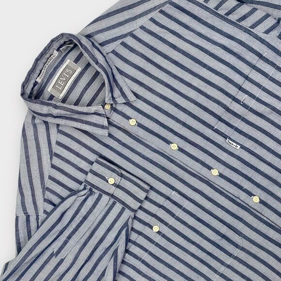 VINTAGE 70s Levis Shirt Mens Extra Large Blue Striped Silver Label Big E Western - Picture 1 of 16